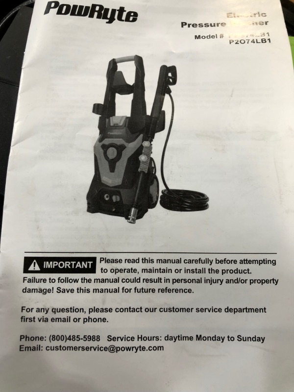 Photo 3 of **FOR PARTS ONLY**NON FUNCTIONAL**
PowRyte Electric Pressure Washer, Foam Cannon, 4 Different Pressure Tips, Power Washer, 3500 PSI 2.4 GPM