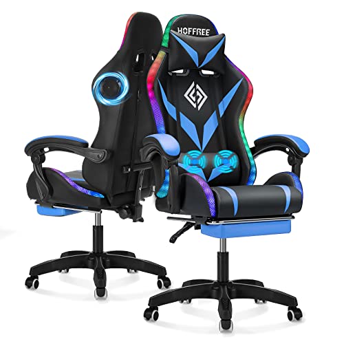 Photo 1 of Gaming Chair with Bluetooth Speakers and RGB LED Lights Ergonomic Massage Video Game Chair with Footrest High Back with Lumbar Support Blue and Black