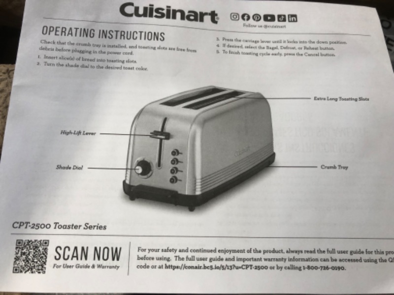 Photo 4 of ***PARTS ONLY***Cuisinart CPT-2500 Long Slot Toaster, Stainless Steel, Silver, 2-slice long slot