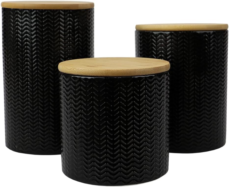 Photo 1 of **damaged**Home Basics Wave 3 Piece Ceramic Canister Set With Bamboo Tops, Black