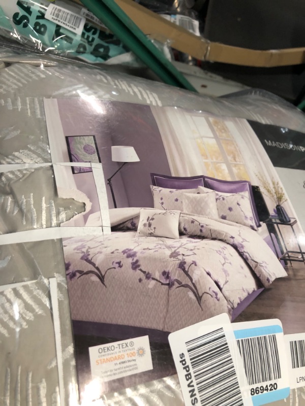 Photo 3 of Madison Park Cozy Comforter Nature Scenery Design - All Season Bedding, Matching Bed Skirt, Decorative Pillows, Holly, Floral Purple/Taupe (104"x92") 8 Piece Grey/Purple Cal King