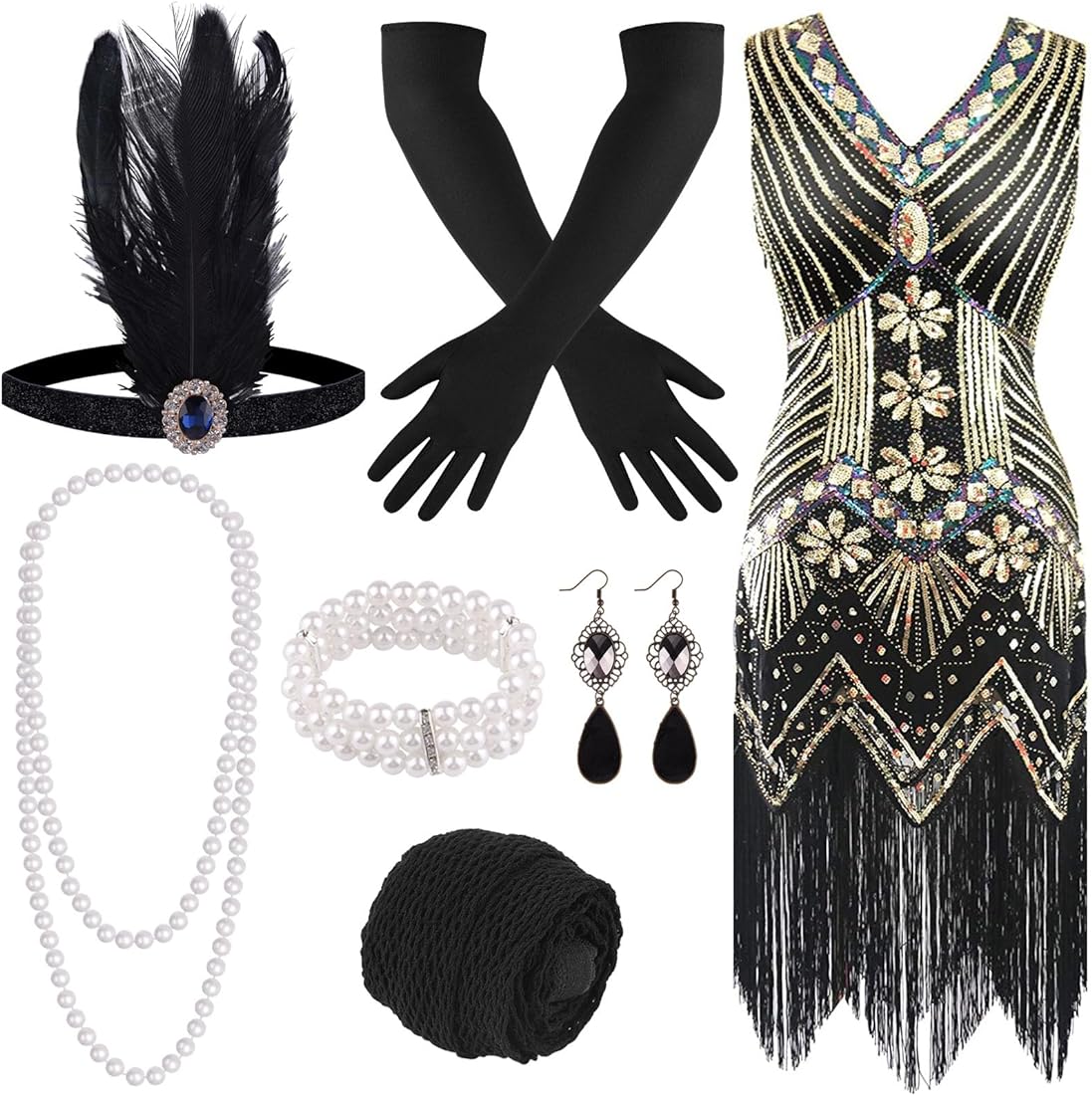 Photo 1 of 1920s V Neck Sequin Beaded Fringed Dress with  5 Accessories