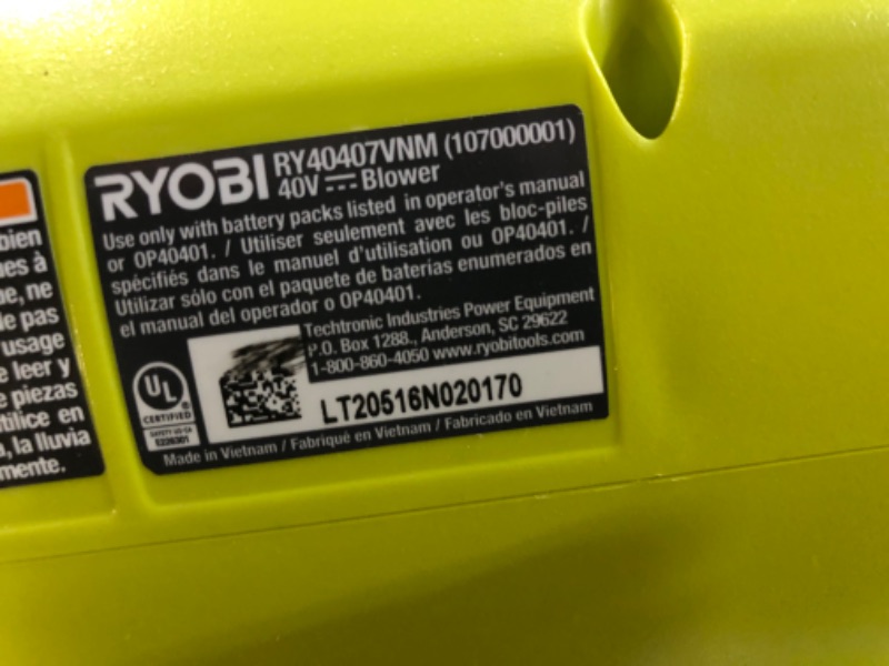 Photo 5 of **NONREFUNDABLE**TOOL ONLY**SEE NOTES**
RYOBI RY40407BTLVNM 125 MPH 550 CFM 40-Volt Lithium-Ion Brushless Cordless Variable-Speed Jet Fan Leaf Blower (Tool-Only)