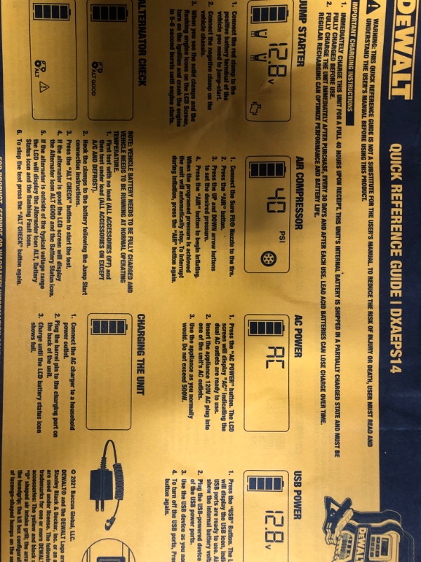 Photo 2 of DEWALT DXAEPS14 1600 Peak Battery Amp 12V Automotive Jump Starter/Power Station Yellow