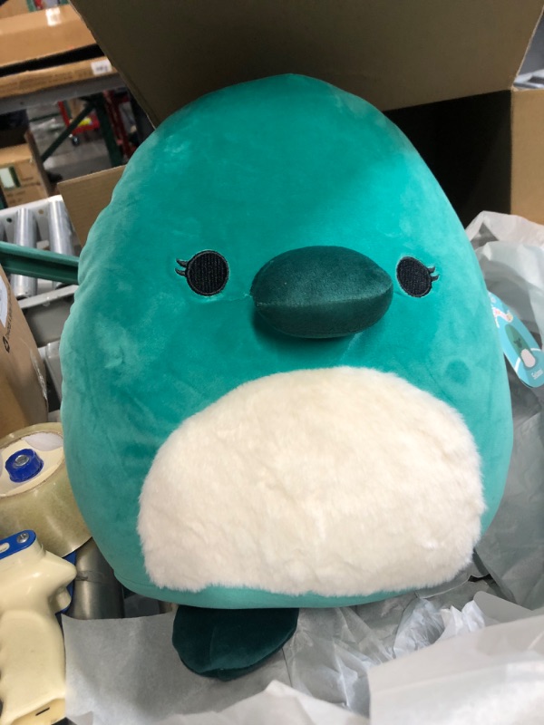 Photo 4 of Squishmallows Original 14-Inch Selassi Green Platypus with Fuzzy White Belly - 