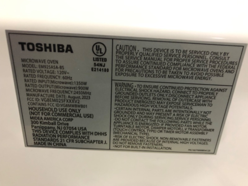 Photo 8 of ***USED - POWERS ON - UNABLE TO TEST FURTHER***
TOSHIBA EM925A5A-BS Countertop Microwave Oven, 0.9 Cu Ft With 10.6 Inch Removable Turntable, Black Stainless Steel