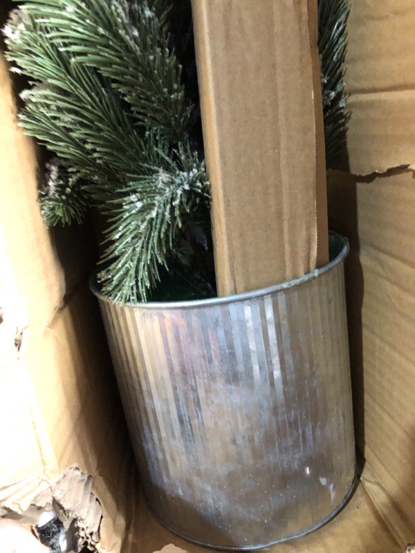 Photo 3 of 3 ft. Flocked Christmas Artificial Pine Tree in Tin Planter
