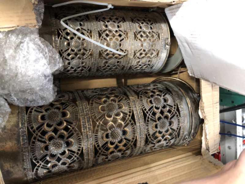 Photo 2 of **NONREFUNDABLE**FOR PARTS OR REPAIR**SEE NOTES**
Moroccan Temple Lanterns, Luxury Floor Hurricanes, Set of 2, for LED or Wax Candles, Sealed Iron, Antiqued Patina, Hinged Top, 19 and 15 Inches