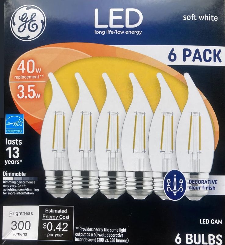 Photo 1 of (Pack of 6) GE 93107093 Candelabra LED Bulbs, 3.5 watts (40 watt Replacement), Medium Base, dimmable, Clear Decorative LED Light Bulbs
