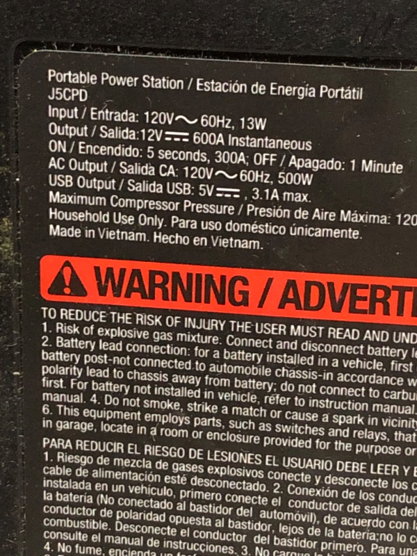Photo 5 of *** sold for parts *** repair *** 
Stanley J5cpd Jump Starter/Power Station 1200 Peak Amp with 500 Watt Inverter