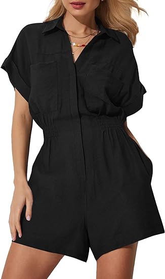 Photo 1 of KIFOVEN Women's Collar V Neck Roll Up Short Sleeve Romper Elastic Jumpsuit with Pockets
