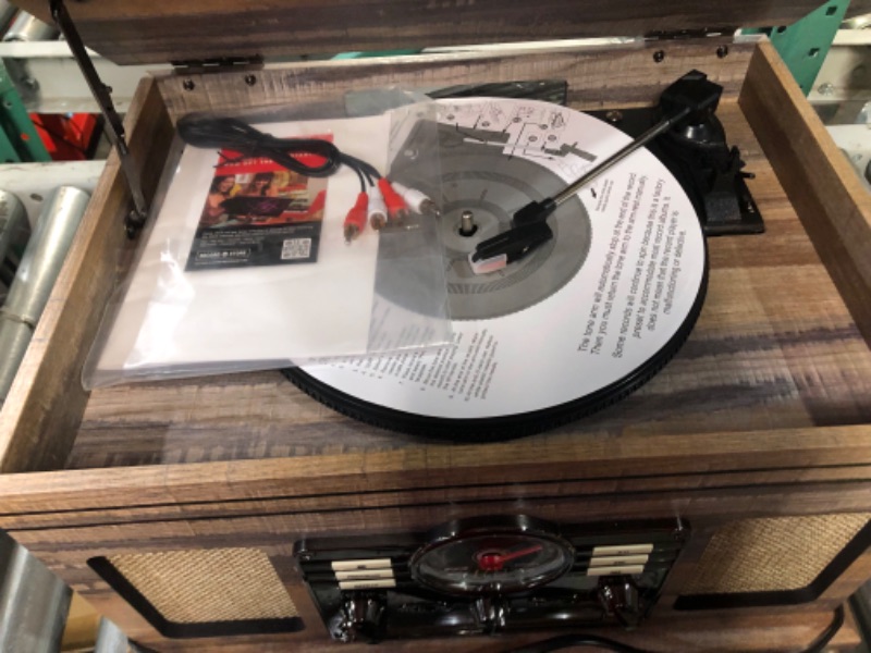 Photo 4 of Victrola Nostalgic 6-in-1 Bluetooth Record Player & Multimedia Center & Cassette Player, AM/FM Radio | Wireless Music Streaming | Farmhouse Shiplap Grey & Wooden Record Crate, Wood Color Farmhouse Shiplap Grey Entertainment Center + Record