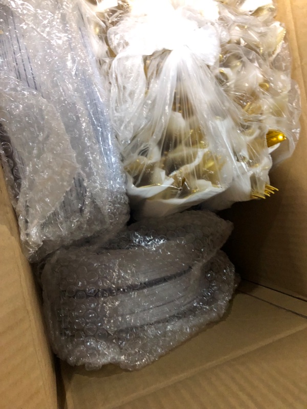 Photo 1 of Suttmin 350 Pcs Plastic Dinnerware Set for 50 Guests Include 50 Dinner Plates, 50 Dessert Plates, 50 Pre Rolled Napkins with Gold Silverware, 50 Cups for Party(Blue and White Porcelain)