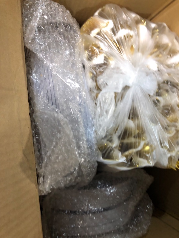 Photo 1 of Suttmin 350 Pcs Plastic Dinnerware Set for 50 Guests Include 50 Dinner Plates, 50 Dessert Plates, 50 Pre Rolled Napkins with Gold Silverware, 50 Cups for Party(Blue and White Porcelain)