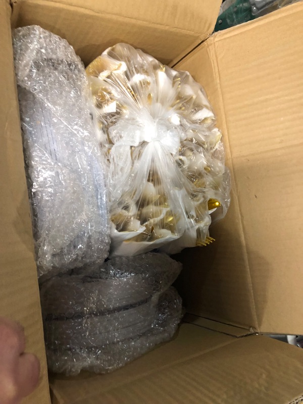 Photo 1 of Suttmin 350 Pcs Plastic Dinnerware Set for 50 Guests Include 50 Dinner Plates, 50 Dessert Plates, 50 Pre Rolled Napkins with Gold Silverware, 50 Cups for Party(Blue and White Porcelain)