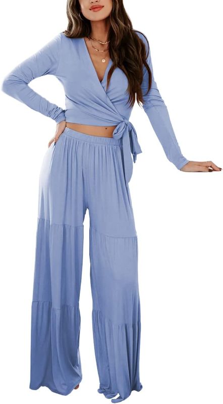 Photo 1 of LCRRRN Womens Lounge Sets Long Sleeve Crop Top with Wide Leg Pants Comfy Loungewear Casual 2 Piece Outfits