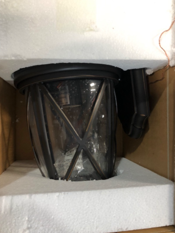 Photo 2 of * not functional * sold for parts * 
Allen + Roth Castine 14.38-in H Bronze Medium Base (E-26) Outdoor Wall Light 41991