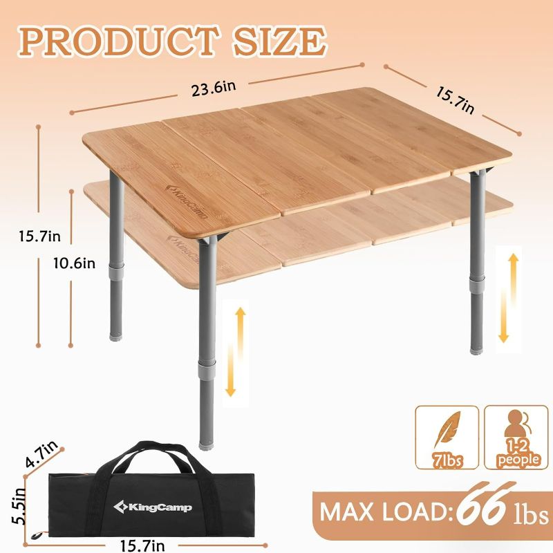 Photo 4 of (READ NOTES) KingCamp Bamboo Camping Table Environmental Folding Table with Adjustable Height Aluminum Legs Heavy Duty 176lbs 4-Fold Portable Foldable Camp Tables for Travel, Picnic, Outdoor and Indoor, 4 People Size 39.3'' * 25.6'' * 25.6", 4-5person (PA