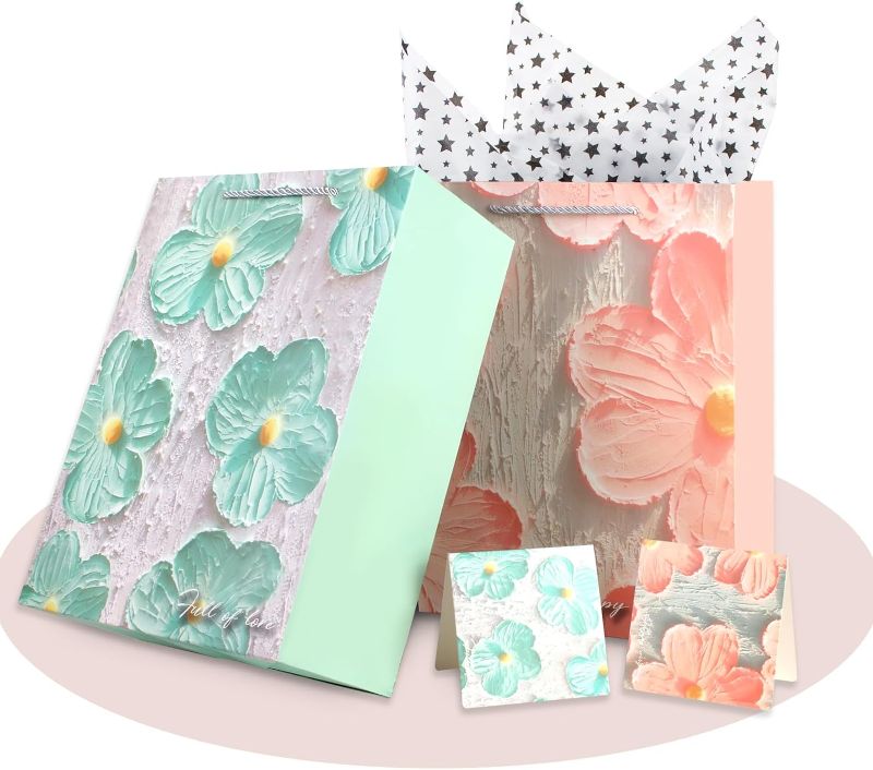 Photo 1 of 4 Pack Gift Bags 13"with Handles, Tissue Paper and Card 3D Floral Pattern 