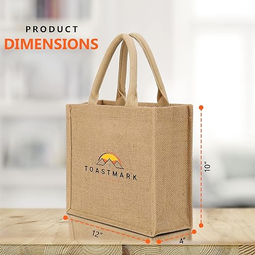 Photo 2 of (READ NOTES) Toastmark Burlap Bags with Handles - Reusable with Classic style -Waterproof Inner Lining –Pack of 6– 12”x10”x4” - Perfect Jute Bags for Grocery Shopping, Wedding, Beach Halloween Favors