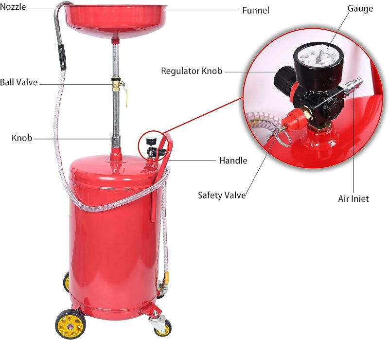 Photo 4 of (READ NOTES) Aain 18 Gallon Portable Waste Oil Drain, Air Operated Industrial Fluid Drain Tank, Red & BIG RED TR4053 Torin Hydraulic Garage/Shop Telescoping Transmission Floor Jack, Red 18 Gallon Oil Drain + Floor Jack, Red