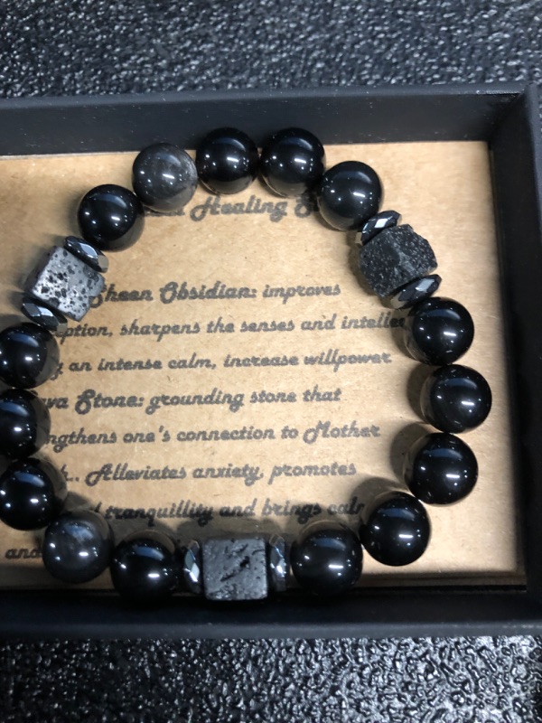 Photo 2 of Black Beaded Crystal Triple Protection Men's Bracelets Jewelry Handmade with 10mm 6.5" 