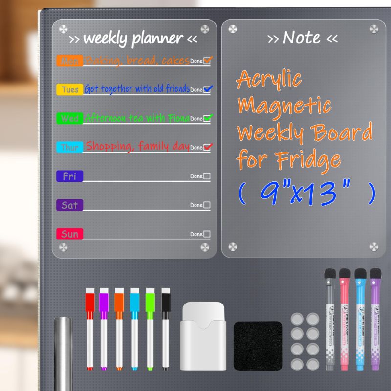 Photo 1 of Acrylic Magnetic Weekly Calendar for Fridge, 2 Set 9"x13" Clear Dry Erase Board Calendar 