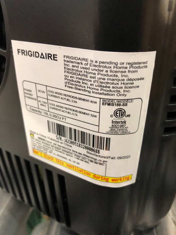 Photo 5 of ***USED - DIRTY - UNABLE TO TEST - STRONG ODOR***
FRIGIDAIRE Portable 10L, 15-can Mini Fridge Brushed Stainless Rugged Refrigerator, EFMIS188-SS STAINLESS Cooler