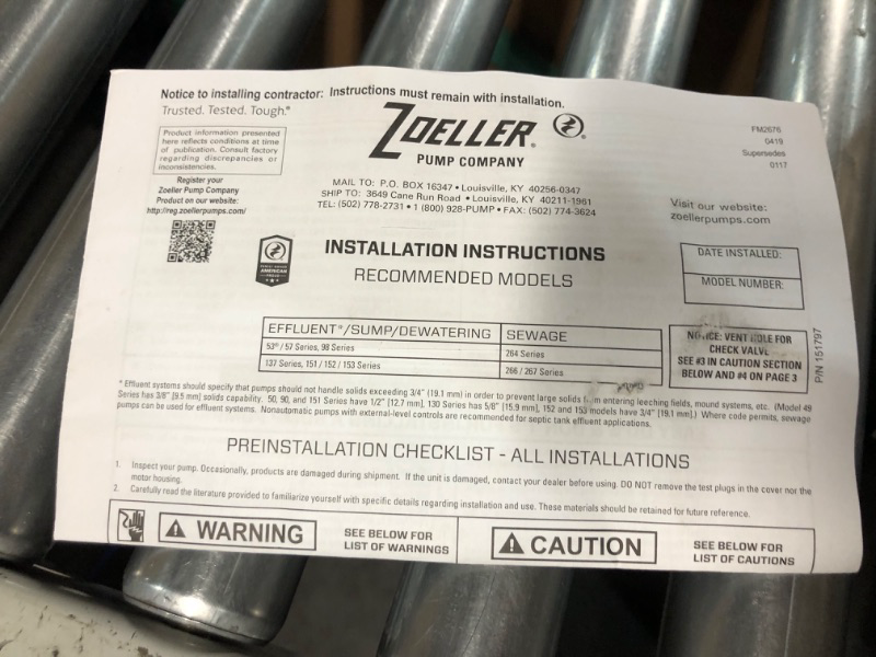 Photo 4 of ***NOT FUNCTIONAL - FOR PARTS ONLY - NONREFUNDABLE - SEE COMMENTS***
Zoeller Flow-Mate M98 0.5 hp. Submersible Effluent or Dewatering Automatic Pump