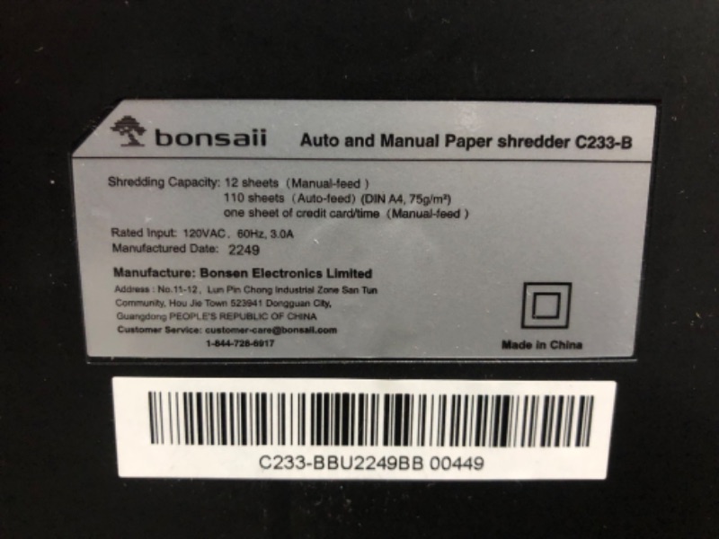 Photo 6 of ***USED - POWERS ON - UNABLE TO TEST FURTHER***
Bonsaii Office Paper Shredder, 110-Sheet Autofeed Heavy Duty Paper Shredder, 30 Minutes Micro Cut Home Office 