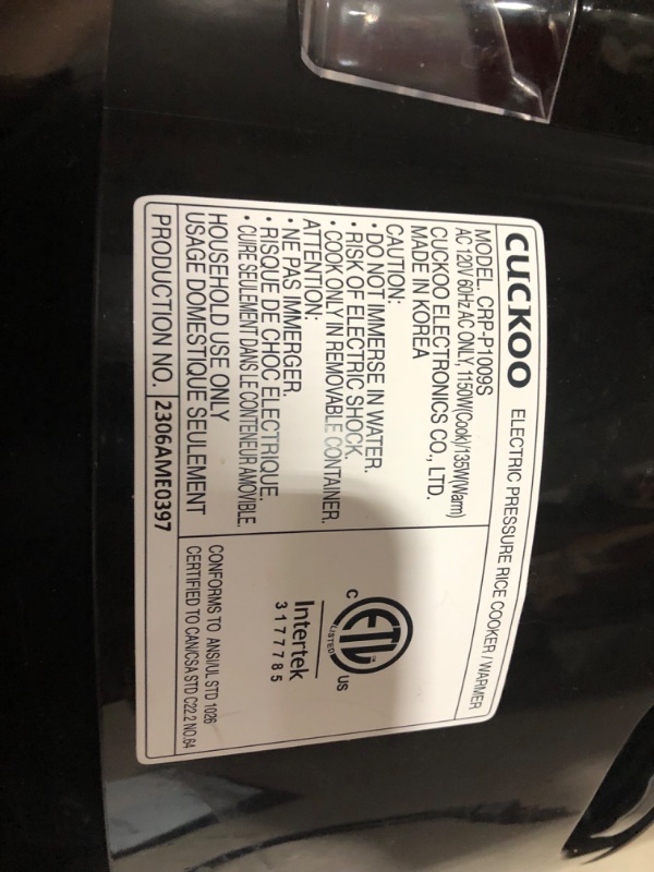 Photo 5 of ***USED - POWERS ON - UNABLE TO TEST FURTHER***
 CUCKOO CRP-P1009SB | 10-Cup (Uncooked) Pressure Rice Cooker | 12 Menu Options