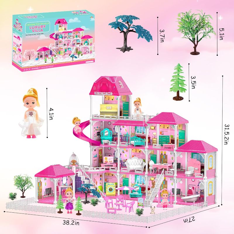 Photo 4 of (READ NOTES) Princess' DreamHouse for Girls, Doll House Playset, 4-Story 14 Rooms Playhouse with 4 Dolls Toy Figures and Furniture & Accessories, Toy Gifts for Kids 3 4 5 6 7 8 9+ Year Old