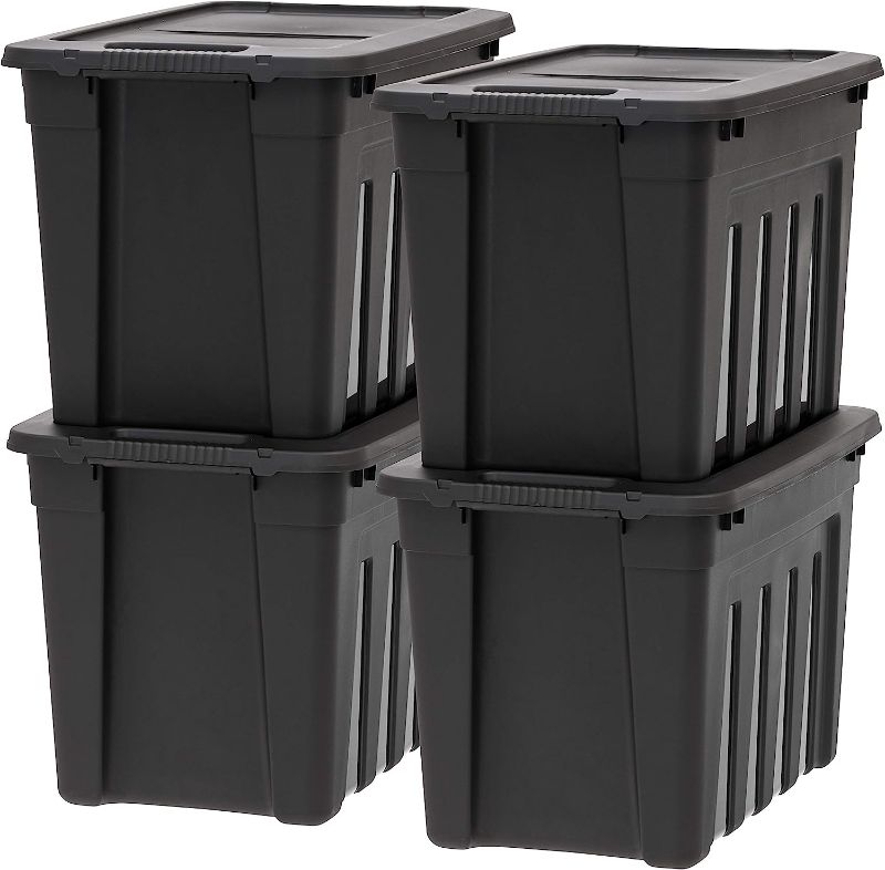 Photo 1 of **ITEM IS SIMILAR IRIS USA 20 Gallon Utility Totes with Easy-Grip Handles, 4 Pack - Black, Heavy-Duty Durable Stackable Storage Containers, Large Garage Organizing Bins Moving Tubs, Rugged Sturdy Camping Equipment