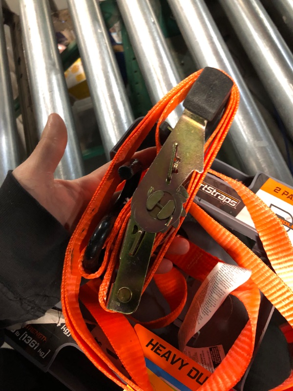 Photo 3 of **ITEM IS SIMILAR SmartStraps 10’ Retractable Ratchet Straps, 2 Pack – 3,000lb Break Strength, 1,000lb Safe Work Load — Haul Motorcycles, Boats, and Appliances with Patented Technology Heavy Duty Ratchet Straps 10' 3000 lb Orange 2 Pack