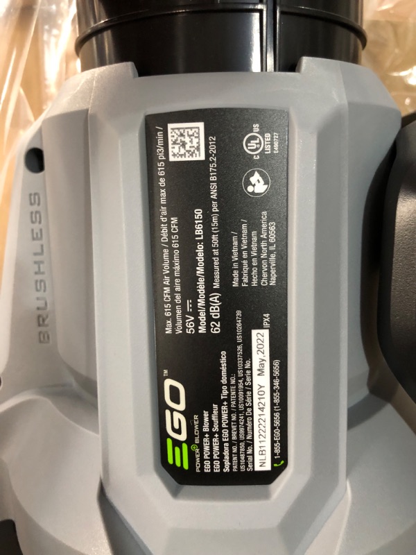 Photo 3 of ***NO BATTERY OR CHARGER - UNABLE TO TEST***
EGO Power+ LB6151 615 CFM Variable-Speed 56-Volt Lithium-ion Cordless Leaf Blower with 2.5Ah Battery and Charger, black 615 CFM Blower Kit w/ 2.5 Ah Battery