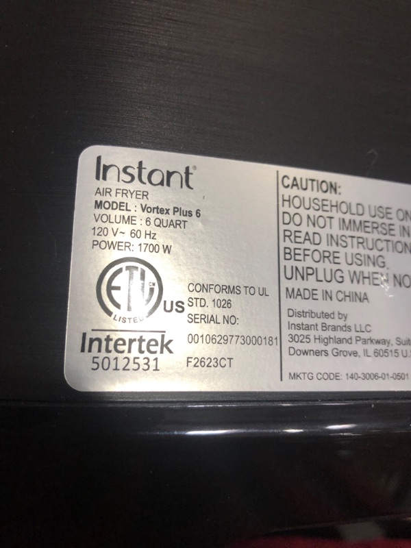 Photo 3 of ***USED - POWERS ON - UNABLE TO TEST FURTHER - NO INSTRUCTIONS***
Instant Vortex Plus Air Fryer Oven, 6 Quart, From the Makers of Instant Pot, 6-in-1, 