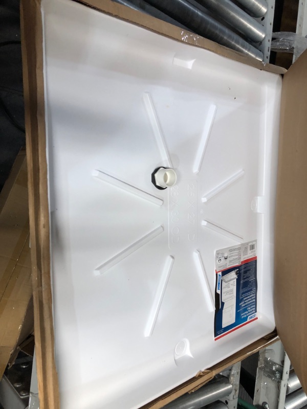 Photo 3 of Camco Washing Machine Drain Pan for Stackable Units with PVC Fitting - Collects Water Leakage and Prevents Floor Damage - White (21006) Ships in Own Container