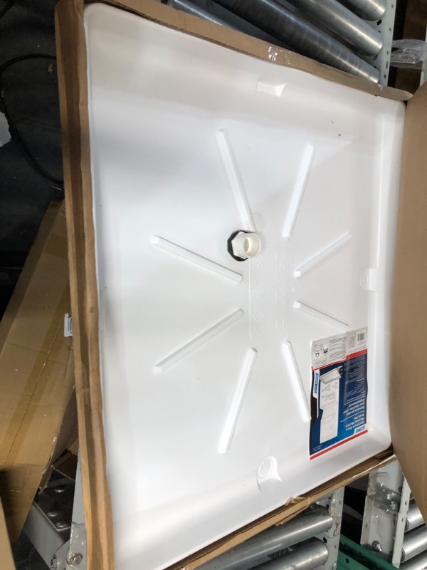 Photo 2 of Camco Washing Machine Drain Pan for Stackable Units with PVC Fitting - Collects Water Leakage and Prevents Floor Damage - White (21006) Ships in Own Container