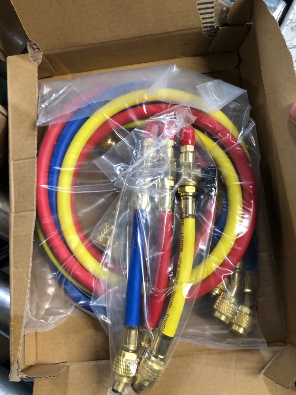 Photo 2 of Lichamp 3 Pieces 5FT AC HVAC Manifold Gauge Hose Kit with Ball Valve and 4 Pieces Hose Adapters Fits R134A R410A R404A R12 R22 R502 