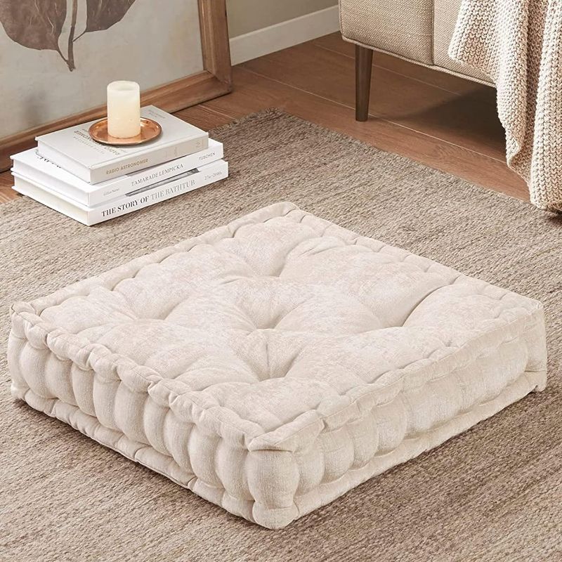 Photo 1 of Intelligent Design Azza Floor Pillow Square Pouf Chenille Tufted with Scalloped Edge Design Hypoallergenic Bench/Chair Cushion, 20” x 20” x 5”, Ivory