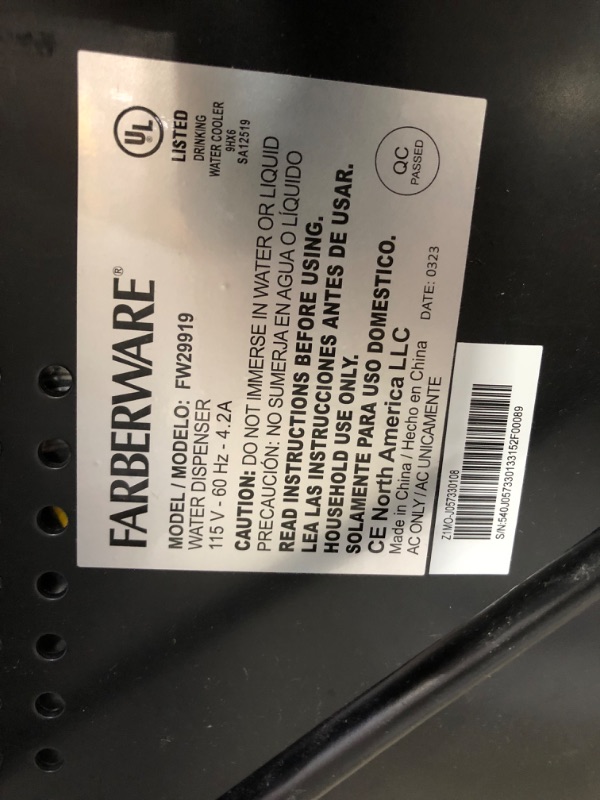 Photo 7 of ***NONREFUNDABLE - NOT FUNCTIONAL - FOR PARTS ONLY - SEE COMMENTS***
Farberware FW29919 Freestanding Hot and Cool Water Cooler Dispenser, Black