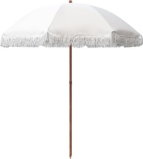 Photo 1 of AMMSUN 7ft Patio Umbrella with Fringe Outdoor Yard Umbrella UPF50+ Wood Color Steel Pole and Steel Ribs Push Button Tilt