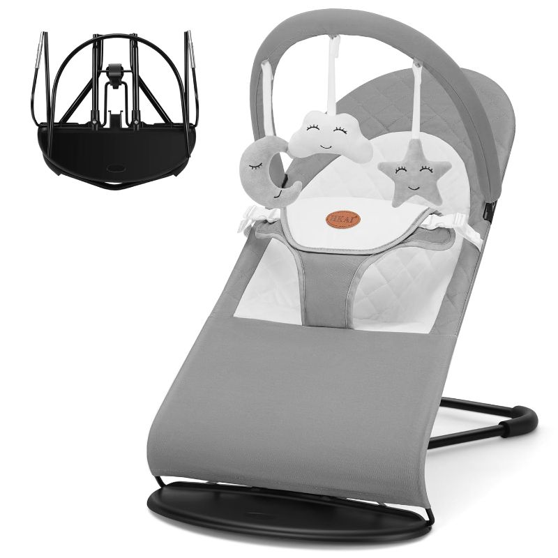 Photo 1 of Baby Bouncer Seat for Infants with Wood Accents - Newborn Bouncer for Babies 0-6 Months Up to 20 lbs - Portable Infant Bouncer - Baby Bouncer Chair - Bouncy Infant Seat with Removable Bar **STOCK PHOTO ITEM SIMILAR**