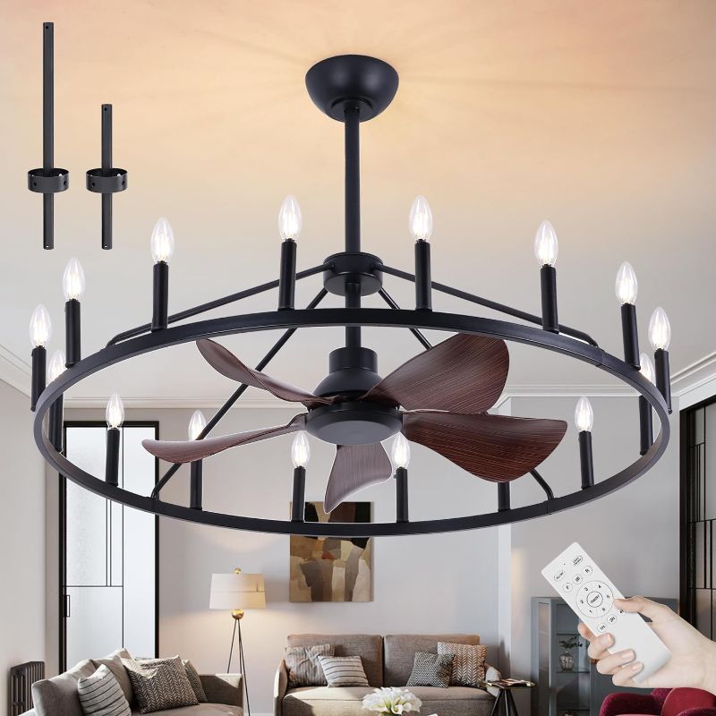 Photo 1 of (NON-REFUNDABLE) KINGTORO Modern Black Ceiling Fan with Light Black, 7 Blades Ceiling Fan, Remote Control, Glass Lampshade, 5 E26 Sockets, 3 Adjustable Speeds, Reversible Blade Direction, Wall Switch(Patented Product)
