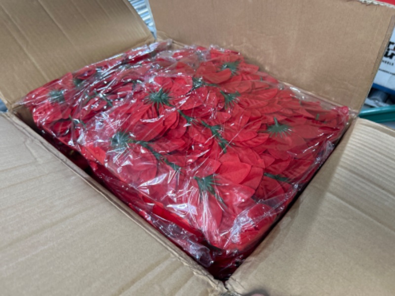 Photo 2 of Tigeen 80 Pcs Christmas Artificial Poinsettia Flowers 7 Heads Faux Poinsettia Bush Bouquets Artificial Poinsettia for Outdoor Cemetery Xmas Wreath Wedding Garden Decorations (Red) Red 80