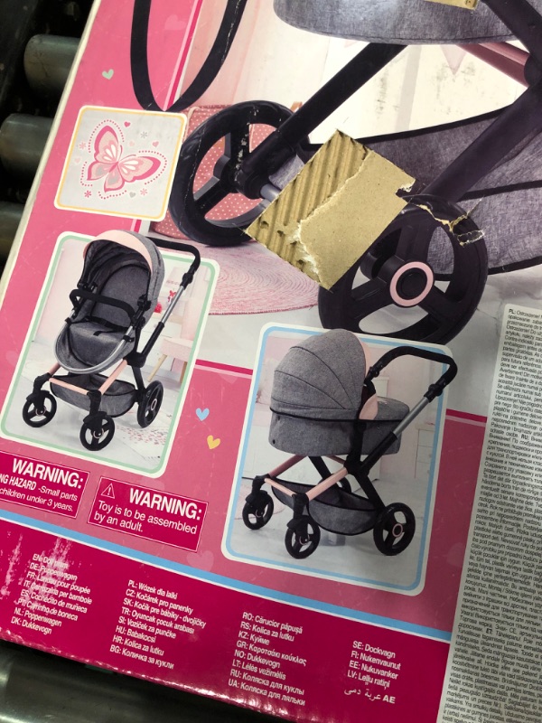 Photo 3 of Bayer Design Dolls: Pram Xeo: Butterfly Grey & Pink - Matching Handbag, Adjustable Handle, for Dolls Up to 20", Ages 3+