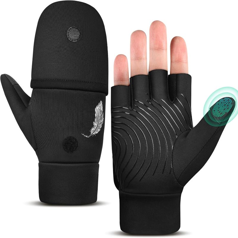 Photo 1 of (2 SETS) EEFOW Winter Fingerless Gloves & Mitten: Cold Weather Unsex Touchscreen Windproof Mittens for Men & Women Black S/M/L
