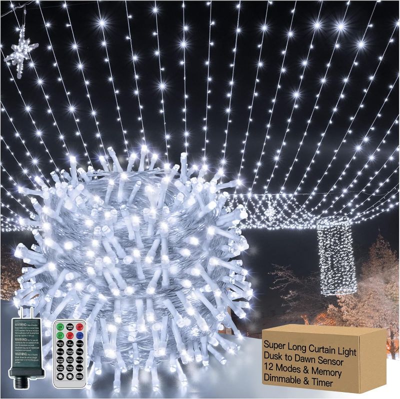 Photo 1 of Ccinny 12 Modes 1000 LED 9.8ftx32.8ft Dusk to Dawn Outdoor Curtain Lights Memory,Plug in Dimmable Extra Long Christmas Lights Remote,Waterproof Fairy Lights Timer for Wedding (Cold White)
