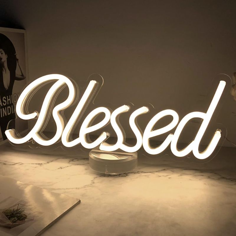 Photo 1 of ***no stand*** Blessed Neon Signs by 5V USB Powered, Led Light Up Signs for Wall Decor, Bedroom, Office, Warm White Blessed Sign 17x7 inches-by Colysor
