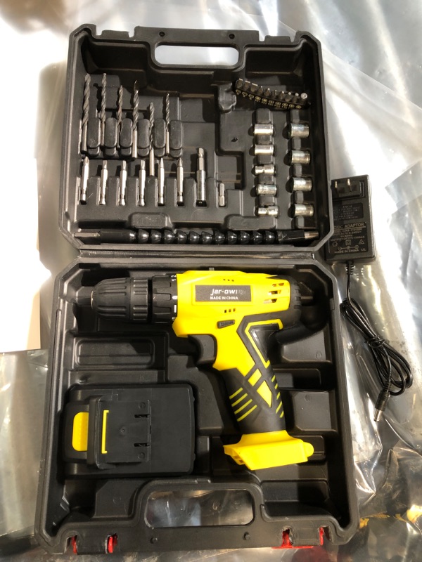 Photo 1 of (JUST ONE DRILL) Jar-Owl 21V Cordless Drill, 350 in-lb Torque, 0-1350RMP Variable Speed, 10MM 3/8'' Keyless Chuck, 18+1 Clutch, 1.5Ah Li-Ion Battery & Charger for Home Tool Kit - Black & Yellow
